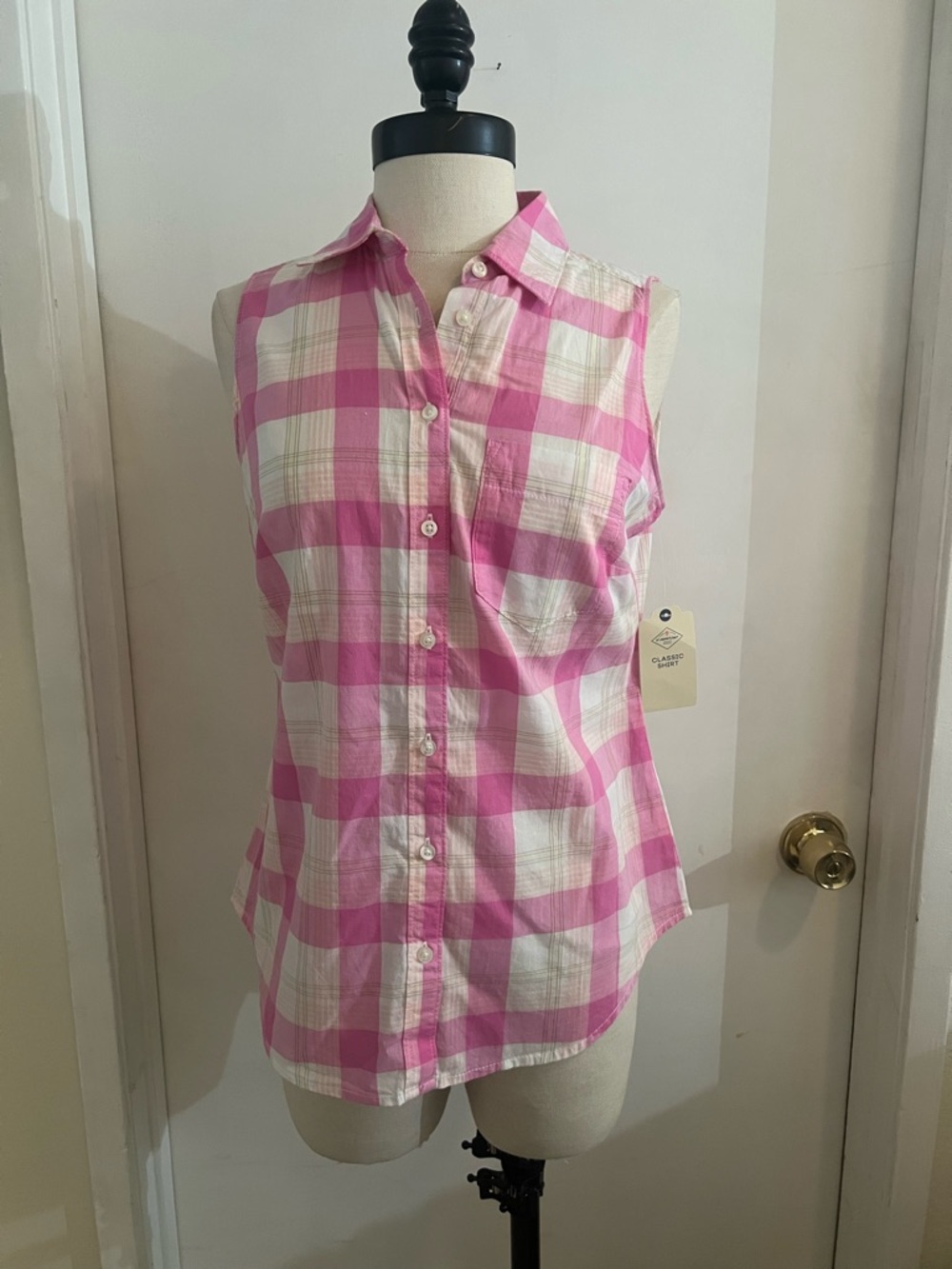 jcpenney Pink and White Plaid Sleeveless Button-Down Shirt